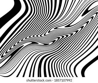  Line art optical art. Psychedelic background. Monochrome background. Optical illusion style. Black dark background. Modern pattern. Abstract graphic texture. Graphic ornament. Vector template