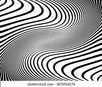 Line art optical art. Psychedelic background. Monochrome background. Optical illusion style. Black dark background. Modern pattern. Abstract graphic texture. Graphic ornament. Vector template