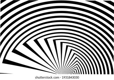 Line art optical art. Psychedelic background. Monochrome background. Optical illusion style. Black dark background. Modern pattern. Abstract graphic texture. Graphic ornament. Vector template