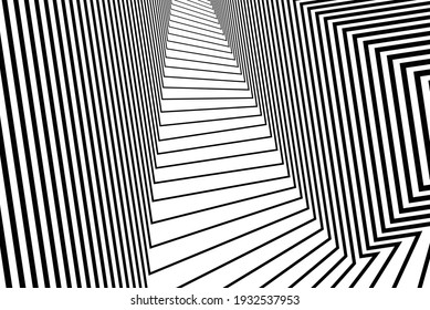  Line art optical art. Psychedelic background. Monochrome background. Optical illusion style. Black dark background. Modern pattern. Abstract graphic texture. Graphic ornament. Vector template