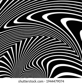  Line art optical art. Psychedelic background. Monochrome background. Optical illusion style. Black dark background. Modern pattern. Abstract graphic texture. Graphic ornament. Vector template