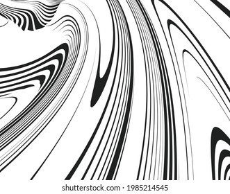 Line art optical art. Psychedelic background. Monochrome background. Optical illusion style. Black dark background. Modern pattern. Abstract graphic texture. Graphic ornament. Vector template