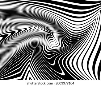  Line art optical art. Psychedelic background. Monochrome background. Optical illusion style. Black dark background. Modern pattern. Abstract graphic texture. Graphic ornament. Vector template