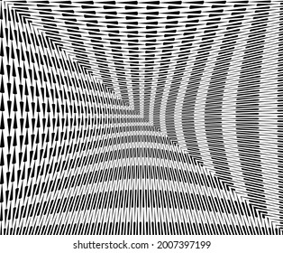  Line art optical art. Psychedelic background. Monochrome background. Optical illusion style. Black dark background. Modern pattern. Abstract graphic texture. Graphic ornament. Vector template 