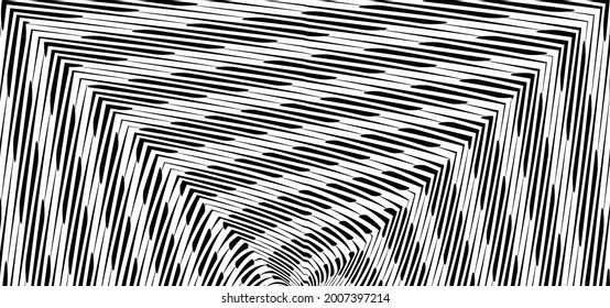 Arte óptico de línea. Fondo psicodélico. Fondo monocromo. Estilo de ilusión óptica. Fondo negro oscuro. Patrón moderno. Textura gráfica abstracta. Ornamento gráfico. Plantilla de vector 