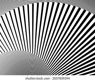Arte óptico de línea. Fondo psicodélico. Fondo monocromo. Estilo de ilusión óptica. Fondo negro oscuro. Patrón moderno. Textura gráfica abstracta. Ornamento gráfico. Plantilla de vector