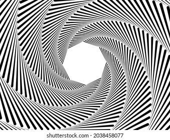 Line art optical art. Psychedelic background. Monochrome background. Optical illusion style. Black dark background. Modern pattern. Abstract graphic texture. Graphic ornament. Vector template