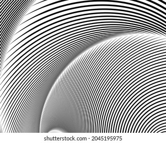 Arte óptico de línea. Fondo psicodélico. Fondo monocromo. Estilo de ilusión óptica. Fondo negro oscuro. Patrón moderno. Textura gráfica abstracta. Ornamento gráfico. Plantilla de vector