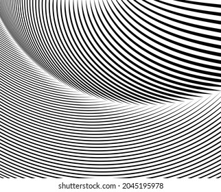 Line art optical art. Psychedelic background. Monochrome background. Optical illusion style. Black dark background. Modern pattern. Abstract graphic texture. Graphic ornament. Vector template