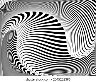  Arte óptico de línea. Fondo psicodélico. Fondo monocromo. Estilo de ilusión óptica. Fondo negro oscuro. Patrón moderno. Textura gráfica abstracta. Ornamento gráfico. Plantilla de vector