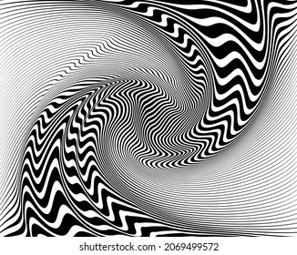  Line art optical art. Psychedelic background. Monochrome background. Optical illusion style. Black dark background. Modern pattern. Abstract graphic texture. Graphic ornament. Vector template 