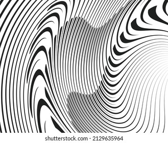 Arte óptico de línea. Fondo psicodélico. Fondo monocromo. Estilo de ilusión óptica. Fondo negro oscuro. Patrón moderno. Textura gráfica abstracta. Ornamento gráfico. Plantilla de vector