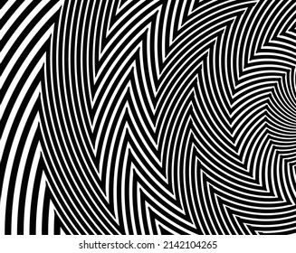 Line art optical art. Psychedelic background. Monochrome background. Optical illusion style. Black dark background. Modern pattern. Abstract graphic texture. Graphic ornament. Vector template