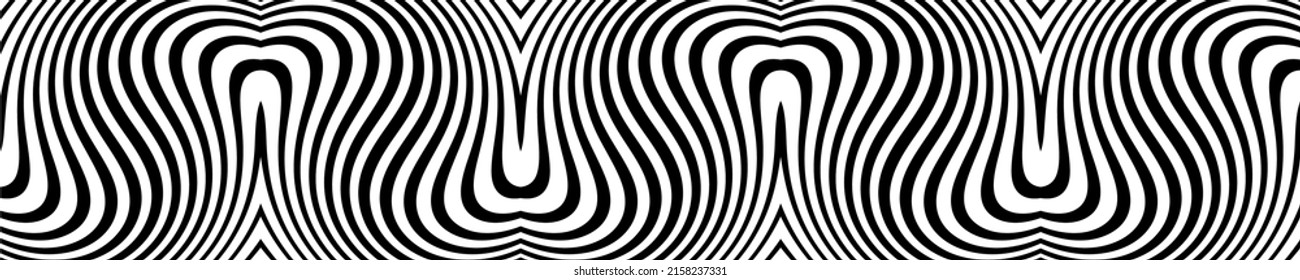 Line art optical art. Psychedelic background. Monochrome background. Optical illusion style. Black dark background. Modern pattern. Abstract graphic texture. Graphic ornament. Vector template