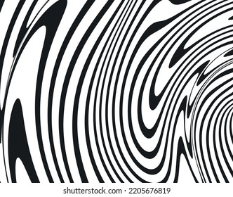 Line art optical art. Psychedelic background. Monochrome background. Optical illusion style. Black dark background. Tire Tracks. Graphic ornament. Vector template