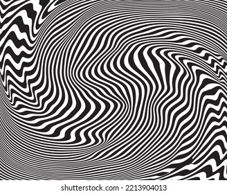 Kunstkunst der Linie. Psychedelischer Hintergrund. einfarbiger Hintergrund. Optischer Täuschungsstil. Schwarz-dunkler Hintergrund. Reifenspuren. Grafische Ornamente. Vektorprothese