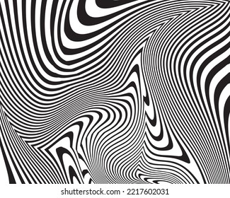 Line art optical art. Psychedelic background. Monochrome background. Optical illusion style. Black dark background. . Graphic ornament. Vector template