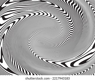 Line art optical art. Psychedelic background. Monochrome background. Optical illusion style. Black dark background. . Graphic ornament. Vector template