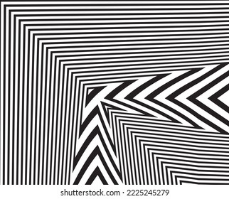 Line art optical art. Psychedelic background. Monochrome background. Optical illusion style. Black dark background. Modern pattern. Abstract graphic texture. Graphic ornament