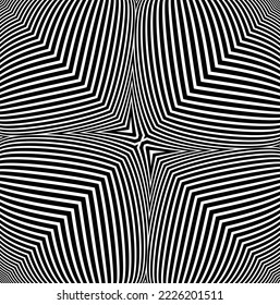 Line art optical art. Psychedelic background. Monochrome background. Optical illusion style. Black dark background. Modern pattern. Abstract graphic texture