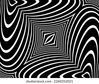 Arte óptico de línea. Fondo psicodélico. Fondo monocromo. Estilo de ilusión óptica. Fondo negro oscuro. Patrón moderno. Textura gráfica abstracta. Ornamento gráfico. Plantilla de vector