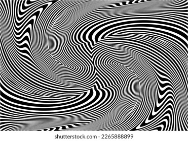 Line art optical art. Psychedelic background. Monochrome background. Optical illusion style. Black dark background. Modern pattern. Abstract graphic texture. Graphic ornament. Vector template