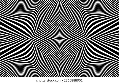 Line art optical art. Psychedelic background. Monochrome background. Optical illusion style. Black dark background. Modern pattern. Abstract graphic texture. Graphic ornament. Vector template