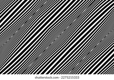 Line art optical art. Psychedelic background. Monochrome background. Optical illusion style. Black dark background. Modern pattern. Abstract graphic texture. Graphic ornament. Vector template