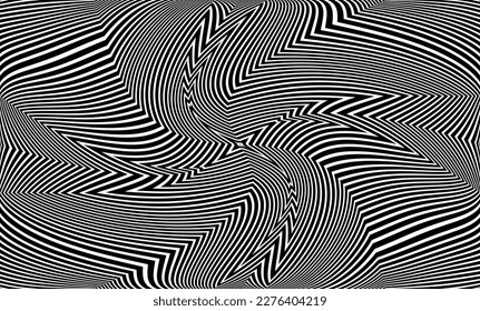 Line art optical art. Psychedelic background. Monochrome background. Optical illusion style. Black dark background. Modern pattern. Abstract graphic texture. Graphic ornament. Vector template