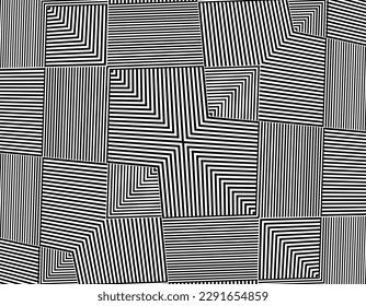 Line art optical art. Psychedelic background. Monochrome background. Optical illusion style. Black dark background. Modern pattern. Abstract graphic texture. Graphic ornamen