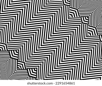 Line art optical art. Psychedelic background. Monochrome background. Optical illusion style. Black dark background. Modern pattern. Abstract graphic texture. Graphic ornamen