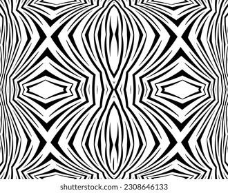 Line art optical art. Psychedelic background. Monochrome background. Optical illusion style. Black dark background. Modern pattern. Abstract graphic texture. Graphic ornament