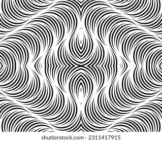 Line art optical art. Psychedelic background. Monochrome background. Optical illusion style. Black dark background. Modern pattern. Abstract graphic texture. Graphic ornament