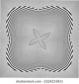 Line art optical art. Psychedelic background. Monochrome background. Optical illusion style. Black dark background. Modern pattern. Abstract graphic texture. Graphic ornament