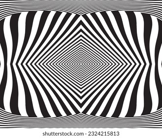 Arte óptico de línea. Fondo psicodélico. Fondo monocromo. Estilo de ilusión óptica. Fondo negro oscuro. Patrón moderno. Textura gráfica abstracta. Ornamento gráfico