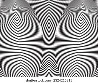 Line art optical art. Psychedelic background. Monochrome background. Optical illusion style. Black dark background. Modern pattern. Abstract graphic texture. Graphic ornament