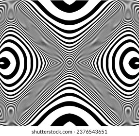  Line art optical art. Psychedelic background. Monochrome background. Optical illusion style. Black dark background. Modern pattern. Abstract graphic texture. Graphic ornament