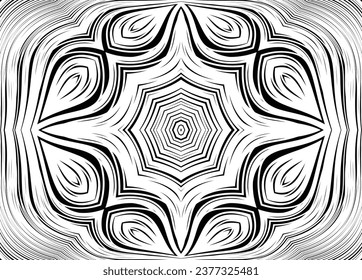 Line art optical art. Psychedelic background. Monochrome background. Optical illusion style. Black dark background. Modern pattern. Abstract graphic texture. Graphic ornament.