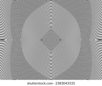  Line art optical art. Psychedelic background. Monochrome background. Optical illusion style. Black dark background. Modern pattern. Abstract graphic texture. Graphic ornament