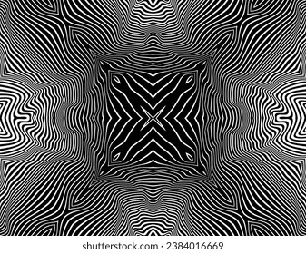 Line art optical art. Psychedelic background. Monochrome background. Optical illusion style. Black dark background. Modern pattern. Abstract graphic texture. Graphic ornament