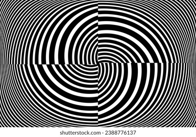 Line art optical art. Psychedelic background. Monochrome background. Optical illusion style. Black dark background. Modern pattern. Abstract graphic texture. Graphic ornament