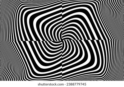 Line art optical art. Psychedelic background. Monochrome background. Optical illusion style. Black dark background. Modern pattern. Abstract graphic texture. Graphic ornament