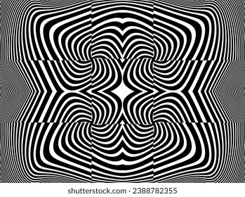 Line art optical art. Psychedelic background. Monochrome background. Optical illusion style. Black dark background. Modern pattern. Abstract graphic texture. Graphic ornament