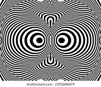 Arte óptico de línea. Fondo psicodélico. Fondo monocromo. Estilo de ilusión óptica. Fondo negro oscuro. Patrón moderno. Textura gráfica abstracta. Ornamento gráfico