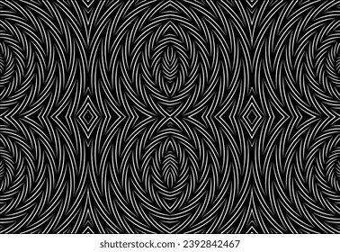 Line art optical art. Psychedelic background. Monochrome background. Optical illusion style. Black dark background. Modern pattern. Abstract graphic texture. Graphic ornament