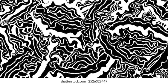 Line art optical art. Psychedelic background. Monochrome background. Optical illusion style. Black dark background. Modern pattern. Abstract graphic texture. Graphic ornament