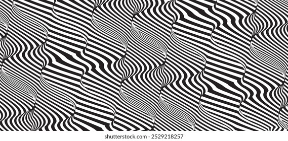 Line art optical art. Psychedelic background. Monochrome background. Optical illusion style. Black dark background. Modern pattern. Abstract graphic texture. Graphic ornament