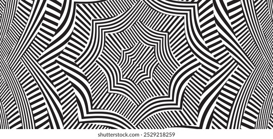 Line art optical art. Psychedelic background. Monochrome background. Optical illusion style. Black dark background. Modern pattern. Abstract graphic texture. Graphic ornament