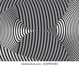 Line art optical art. Psychedelic background. Monochrome background. Optical illusion style. Black dark background. Modern pattern. Abstract graphic texture. Graphic ornament