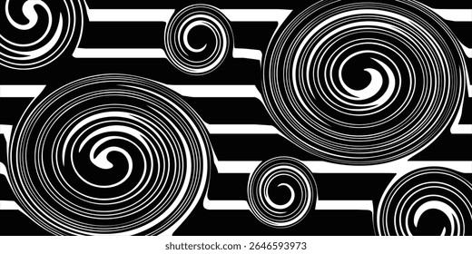 Arte de línea arte óptico. Fondo psicodélico. Fondo monocromo. Estilo de ilusión óptica. Fondo negro oscuro. Patrón moderno. Textura gráfica Abstractas. Adorno gráfico. Plantilla de Vector
